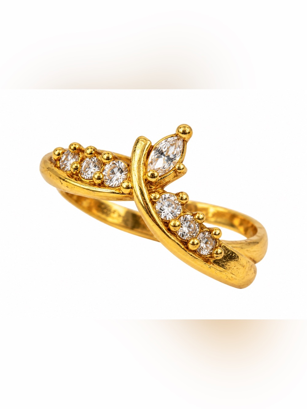 Gold Tone Clear Rhinestone Leaf Vine Bypass Ring Dainty Statement Jewelry